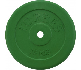 Диск обрезиненный TORRES 10 кг, d-26мм, металл в резиновой оболочке, зелёный